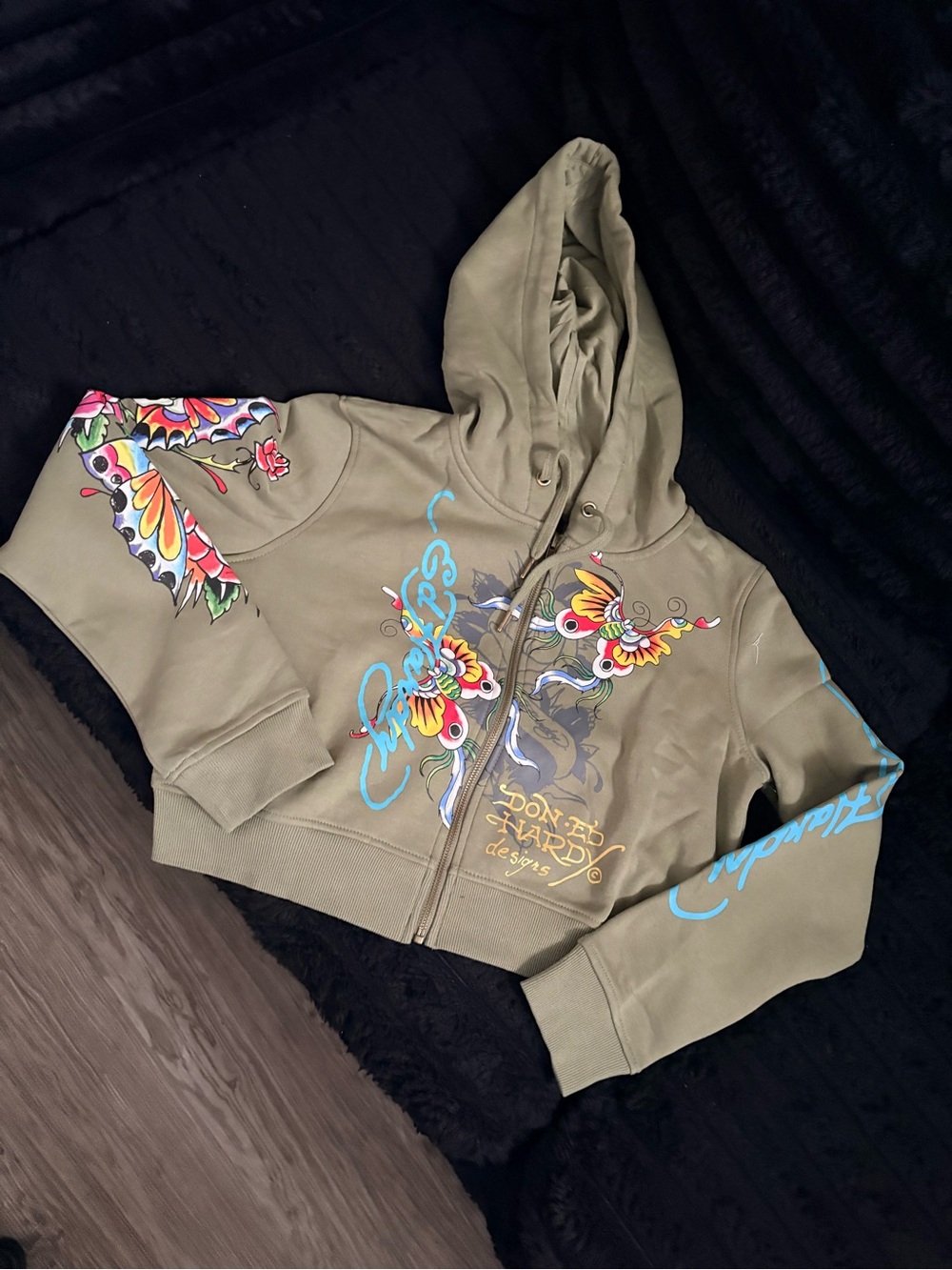Women’s sage green ed hardy crop hoodie and matching sweats